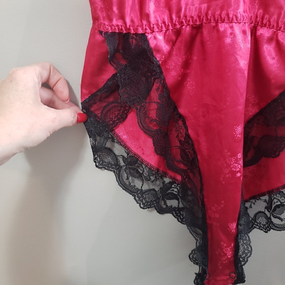 Vintage Satin & Lace Teddy Sz S Red Black - Picture 5 of 6